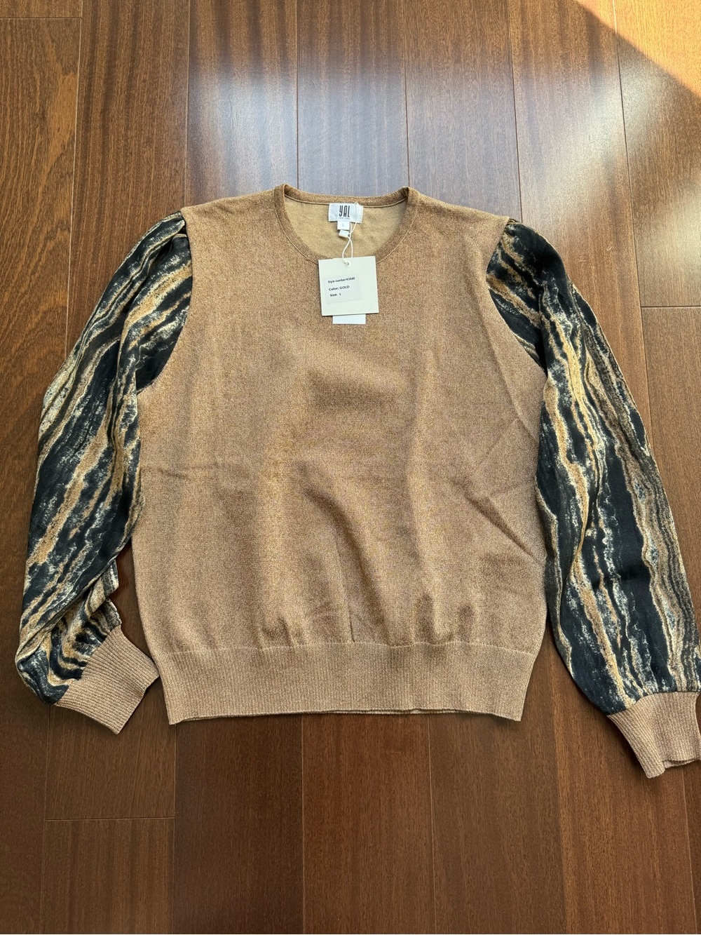 YAL New York Brown Sweater with Patterned Black & Gold Marble Sleeves Women’s